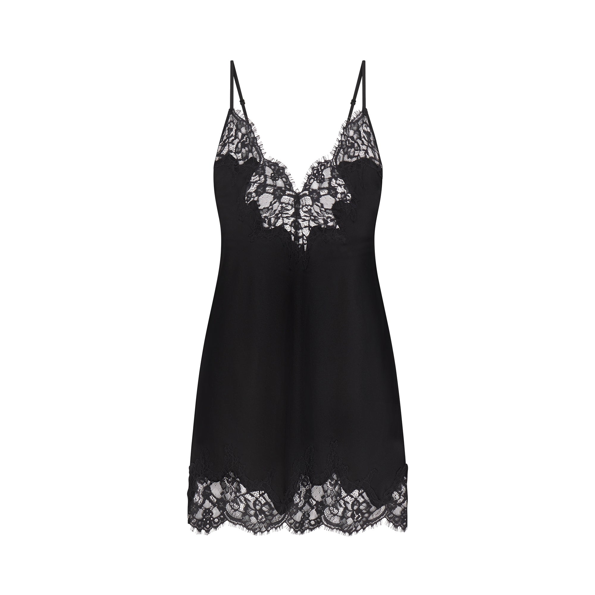 SILK LACE MINI SLIP DRESS | ONYX FLAT ON A WHITE BACKGROUND | FLT