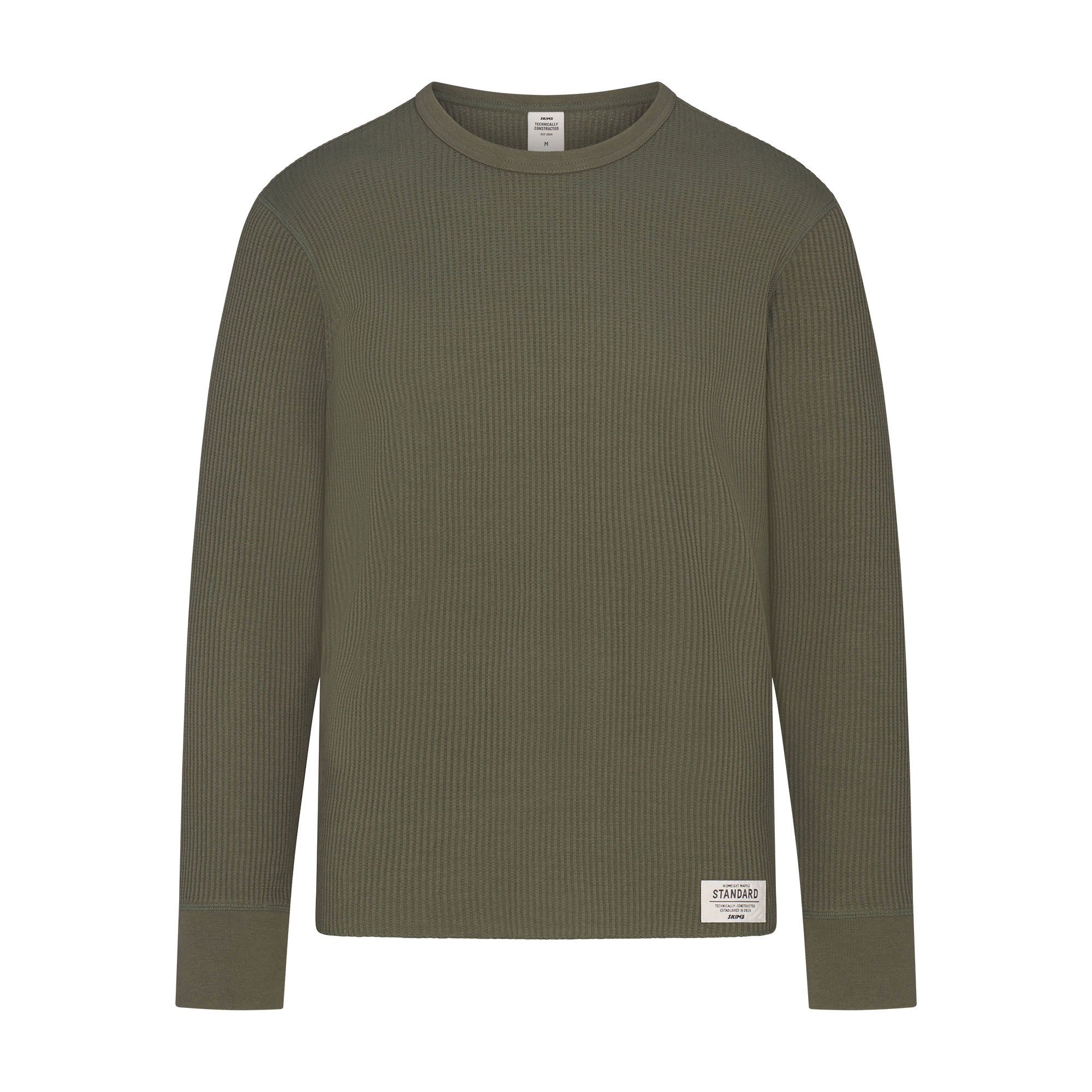 WAFFLE MENS LONG SLEEVE TOP | MILITARY GREEN FLAT ON A WHITE BACKGROUND | FLT