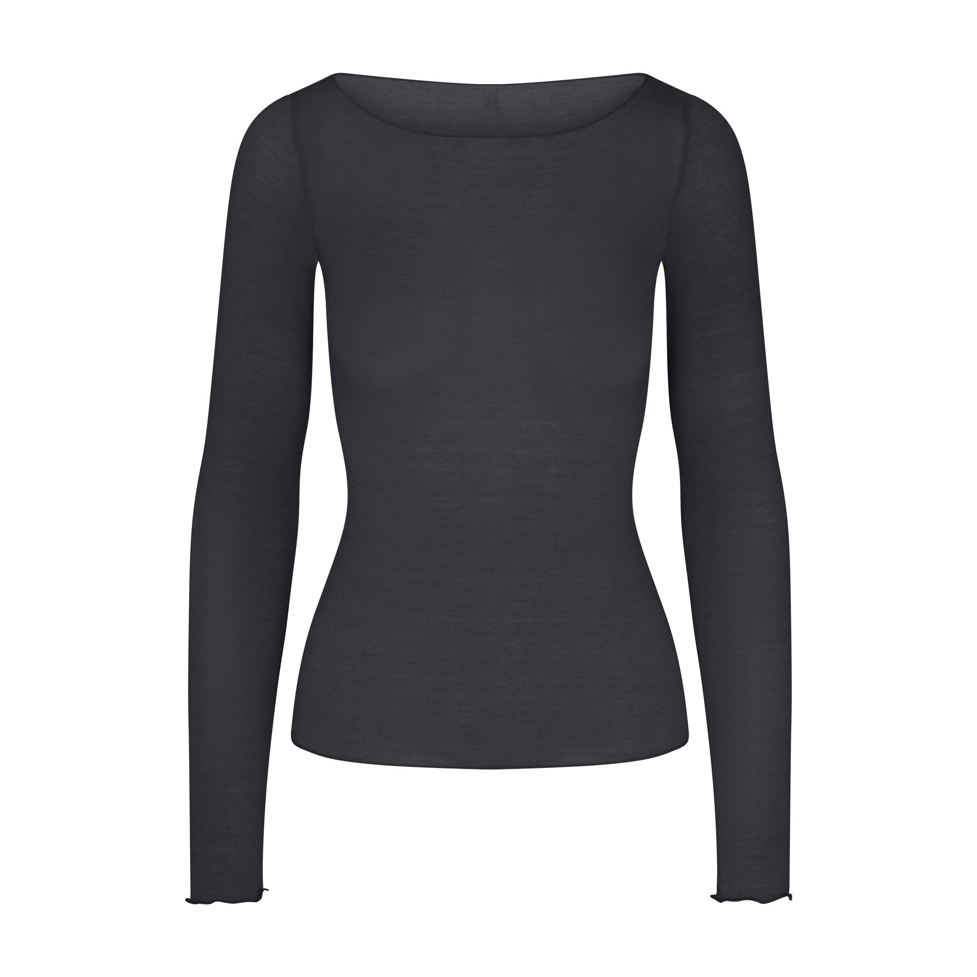 SHEER MODAL LONG SLEEVE BOATNECK TOP | ONYX FLAT ON A WHITE BACKGROUND | FLT