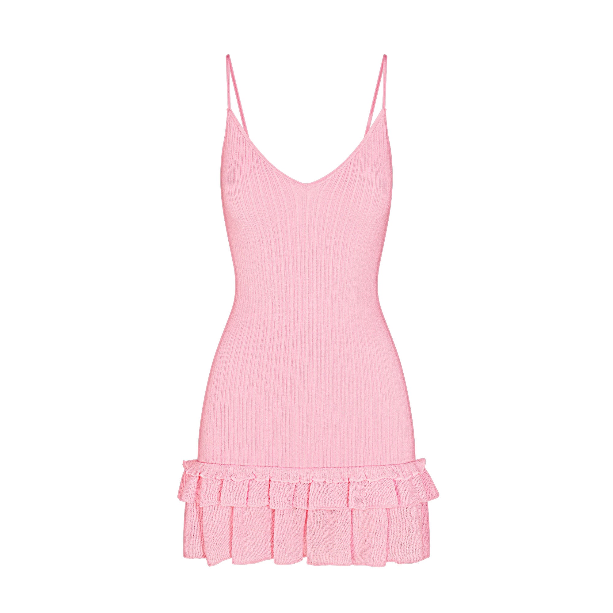 SHEER KNIT RUFFLE DRESS | PEONY FLAT ON A WHITE BACKGROUND | FLT