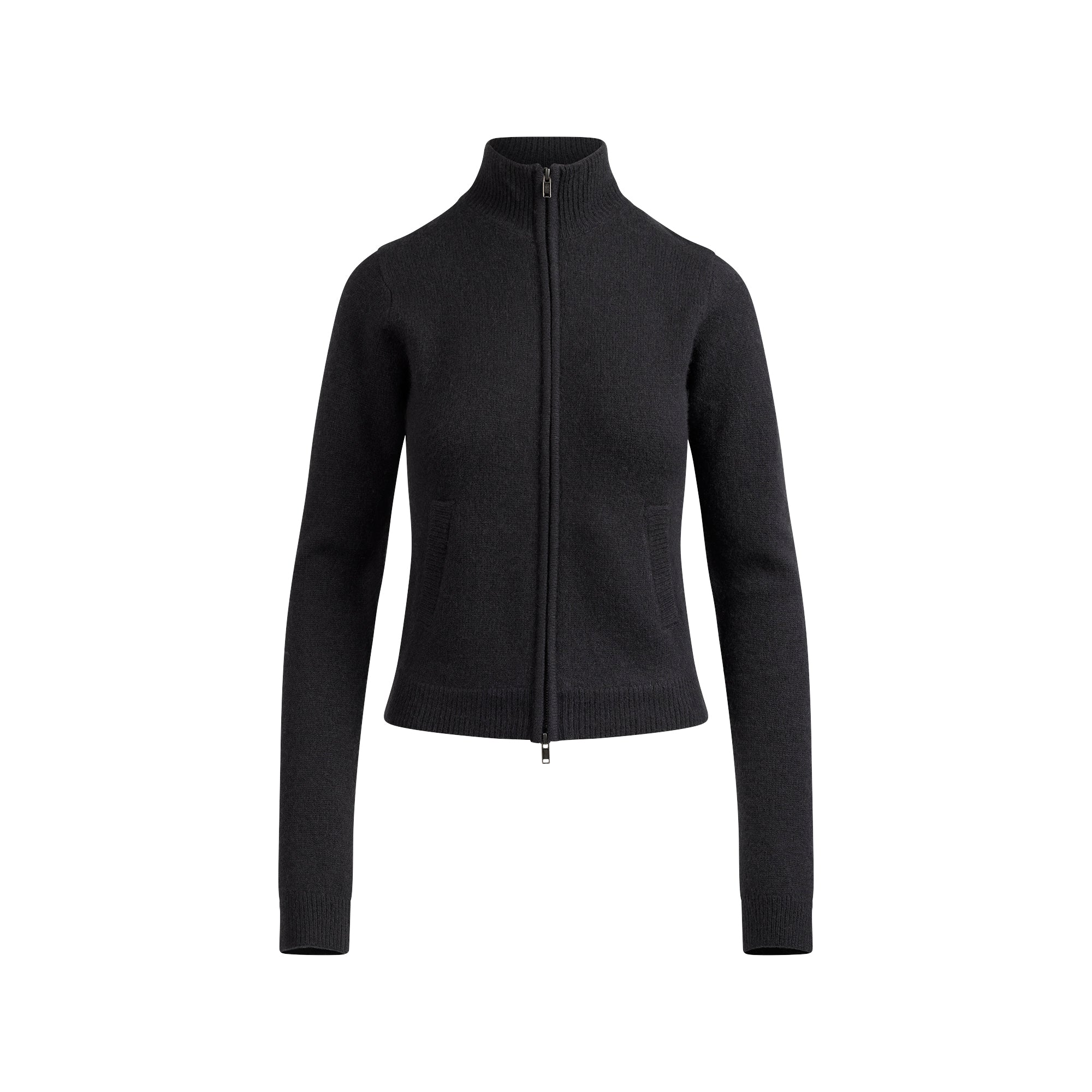 WOOL CASHMERE ZIP UP MOCK NECK SWEATER | ONYX FLAT ON A WHITE BACKGROUND | FLT