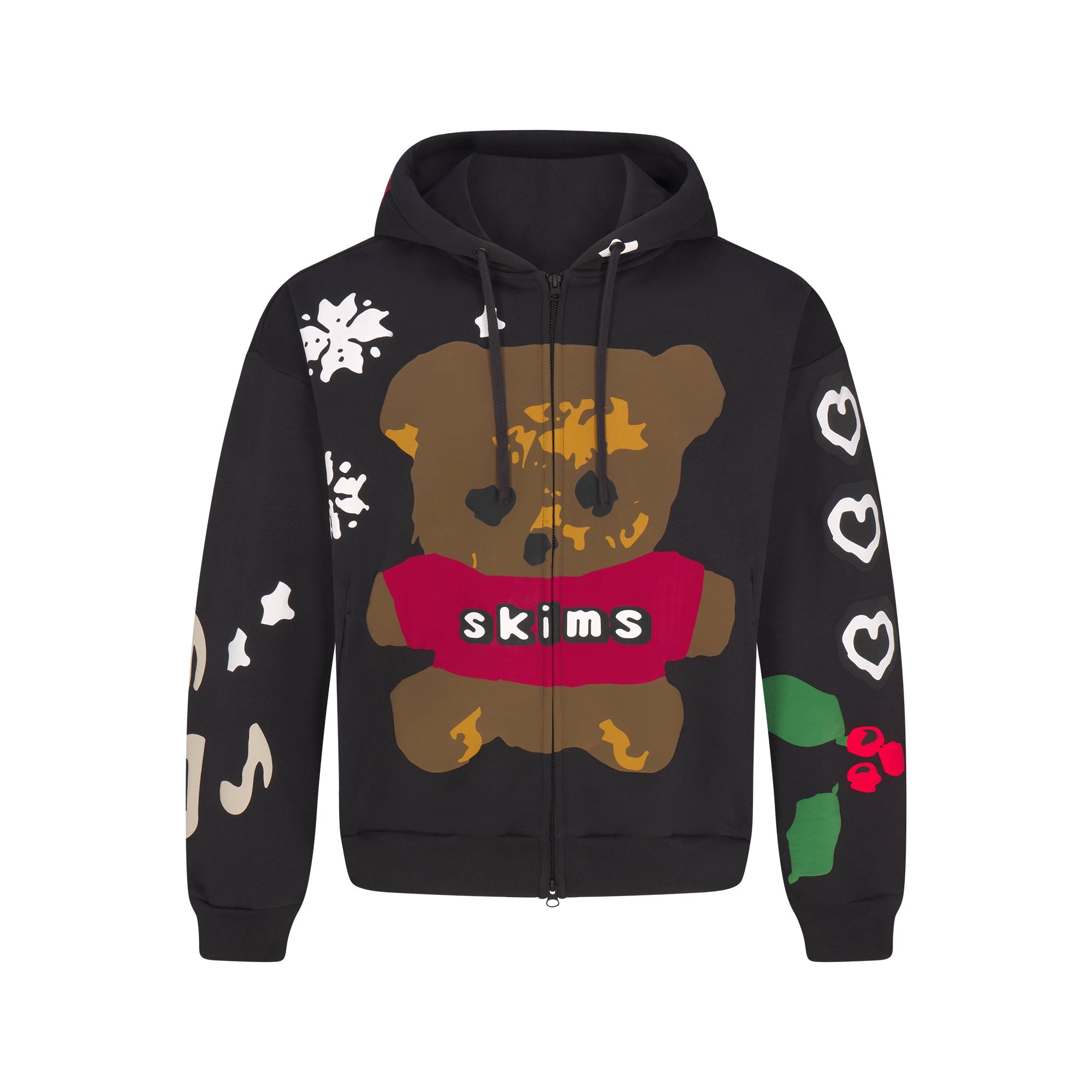 CACTUS PLANT FLEA MARKET X SKIMS HEAVYWEIGHT FLEECE MENS RELAXED ZIP UP HOODIE | ONYX TEDDY BEAR PRINT FLAT ON A WHITE BACKGROUND | FLT