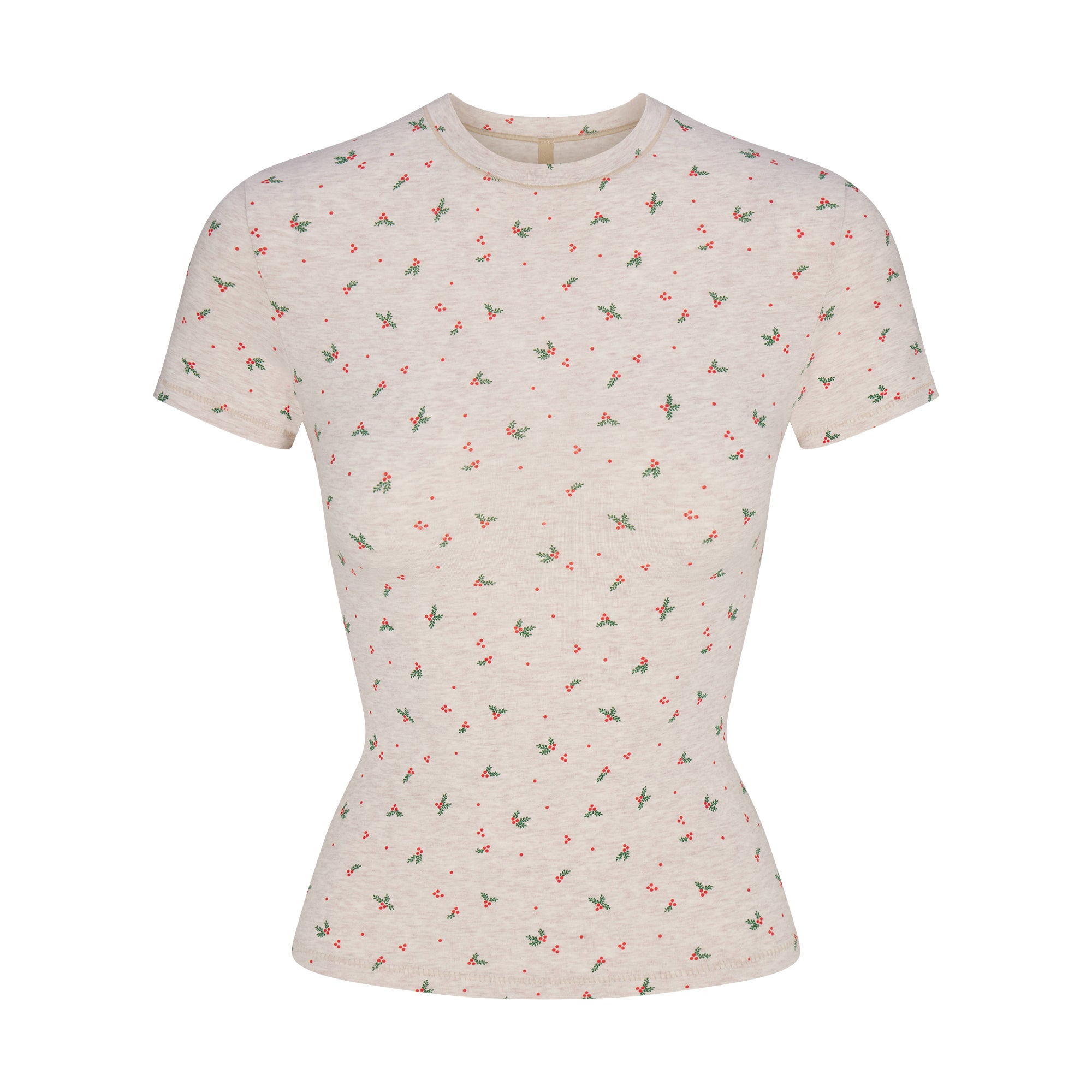 COTTON JERSEY T-SHIRT | OATMEAL HEATHER HOLLY PRINT FLAT ON A WHITE BACKGROUND | FLT