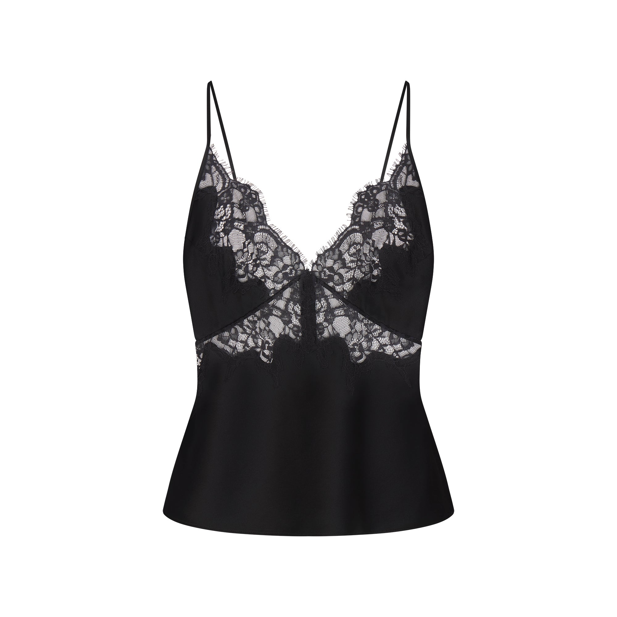 SILK LACE CAMI | ONYX FLAT ON A WHITE BACKGROUND | FLT