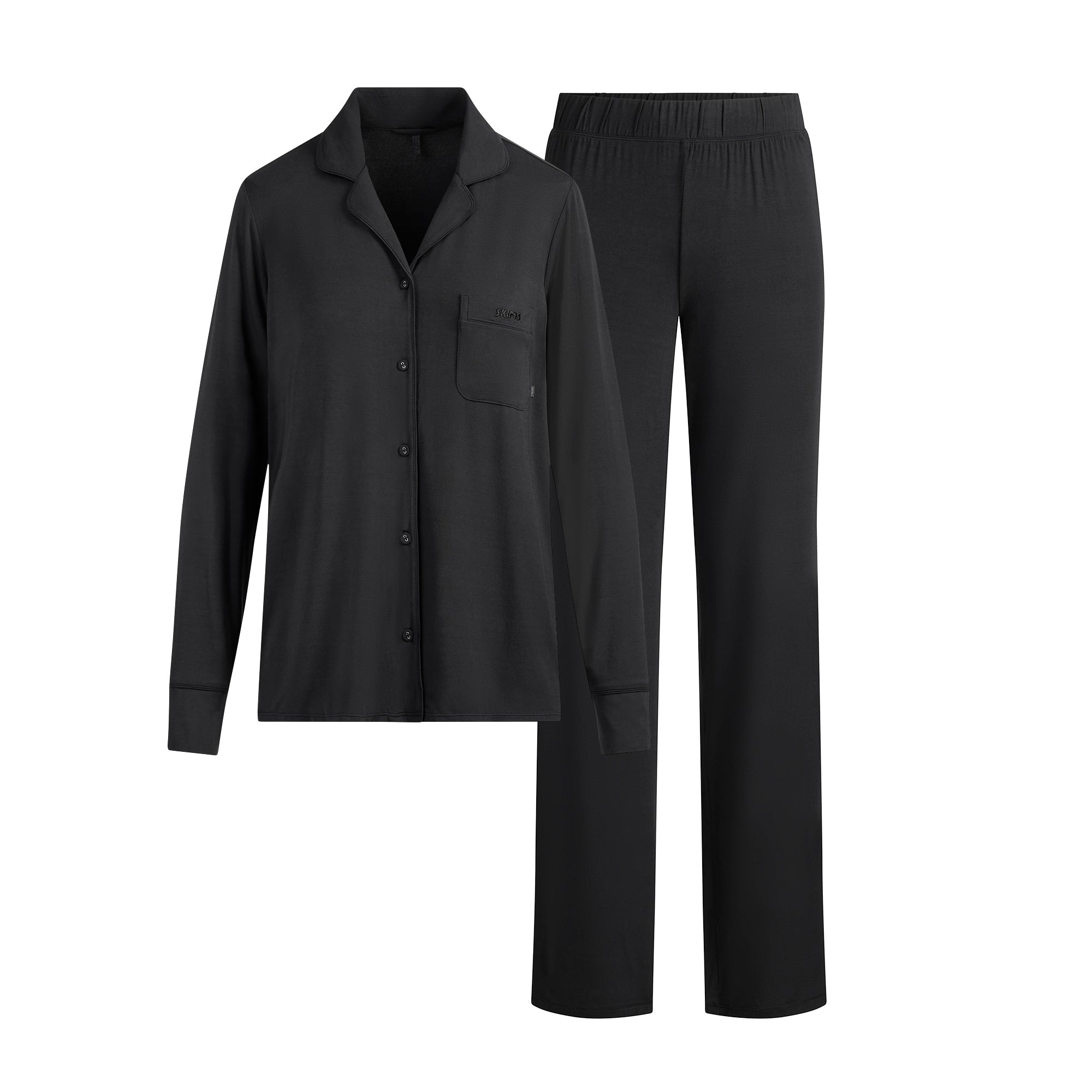 SKIMS SLEEP LONG SLEEVE BUTTON UP SET | ONYX FLAT ON A WHITE BACKGROUND | FLT