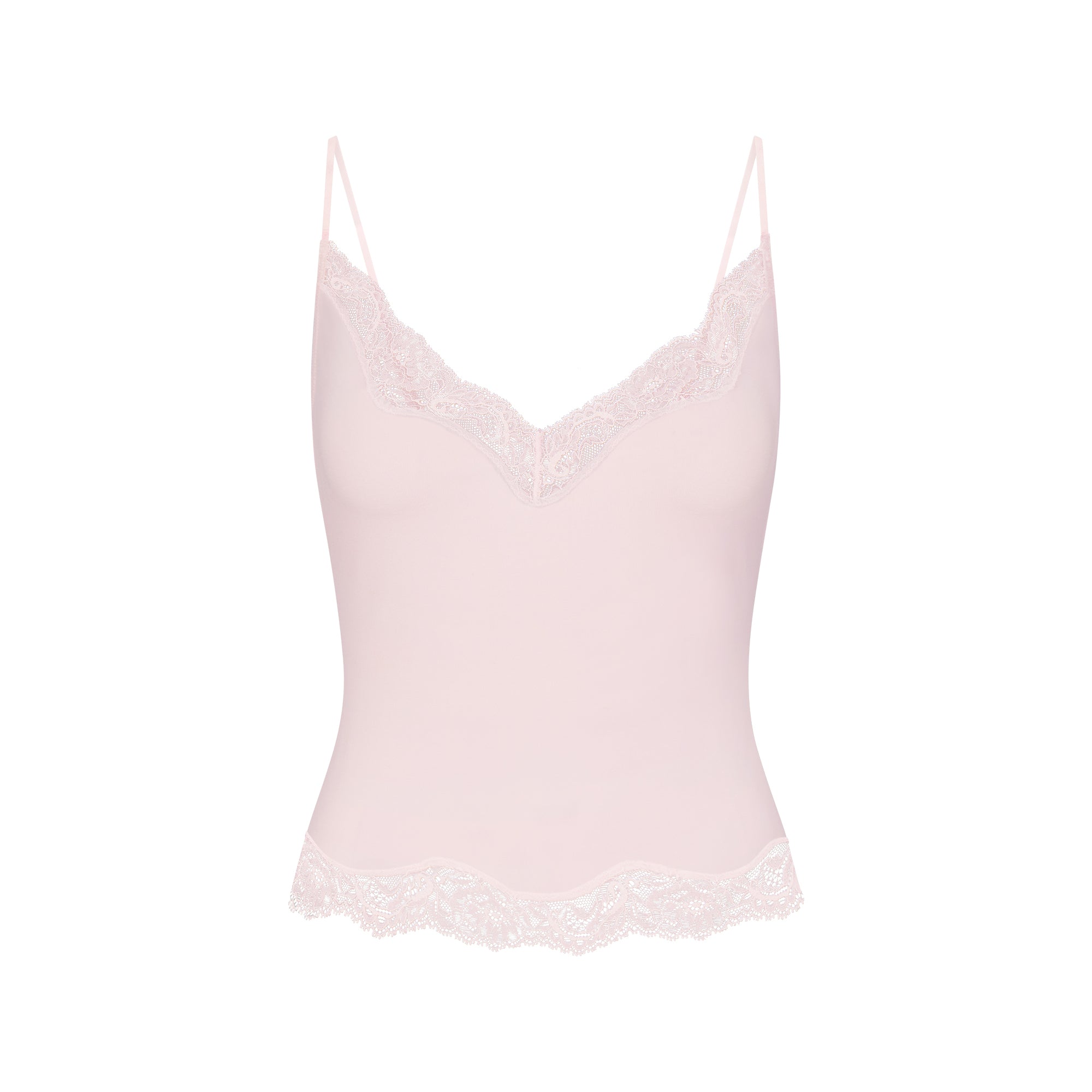 SKIMS SLEEP LACE CAMI AND PANT SET | BARELY PINK FLAT ON A WHITE BACKGROUND | FLT