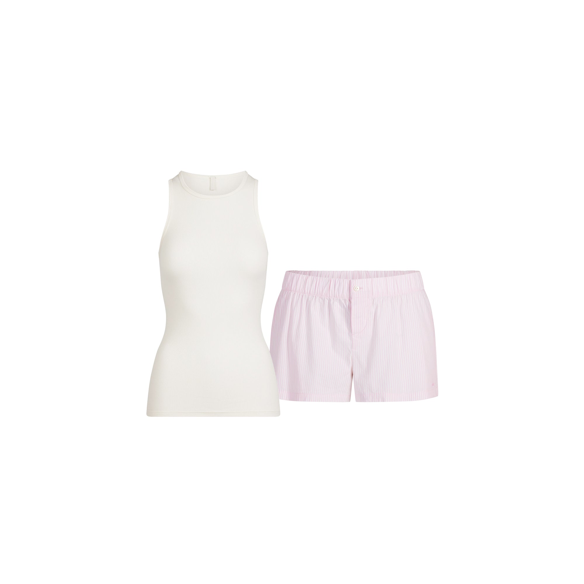 COTTON POPLIN BOXER SLEEP SET | CHERRY BLOSSOM STRIPE FLAT ON A WHITE BACKGROUND | FLT