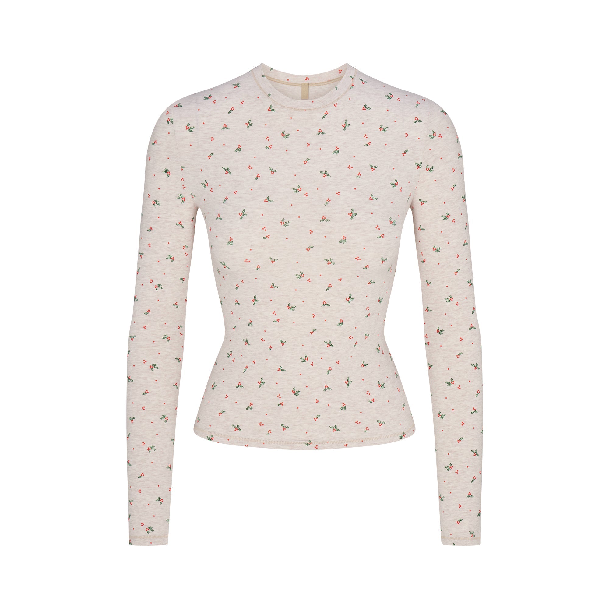 COTTON JERSEY LONG SLEEVE T-SHIRT | OATMEAL HEATHER HOLLY PRINT FLAT ON A WHITE BACKGROUND | FLT