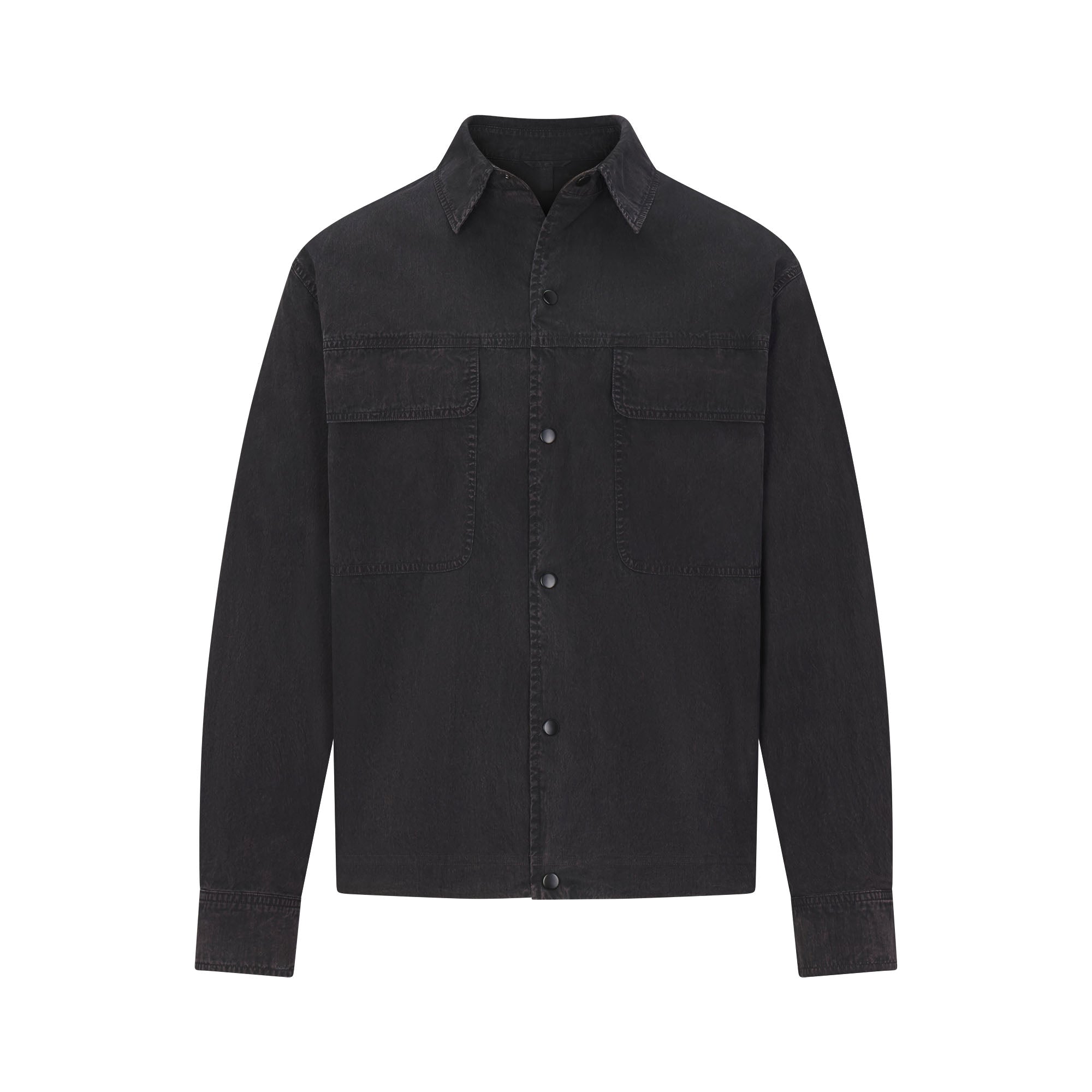 WOVEN MENS BUTTON UP TOP | ONYX FLAT ON A WHITE BACKGROUND | FLT