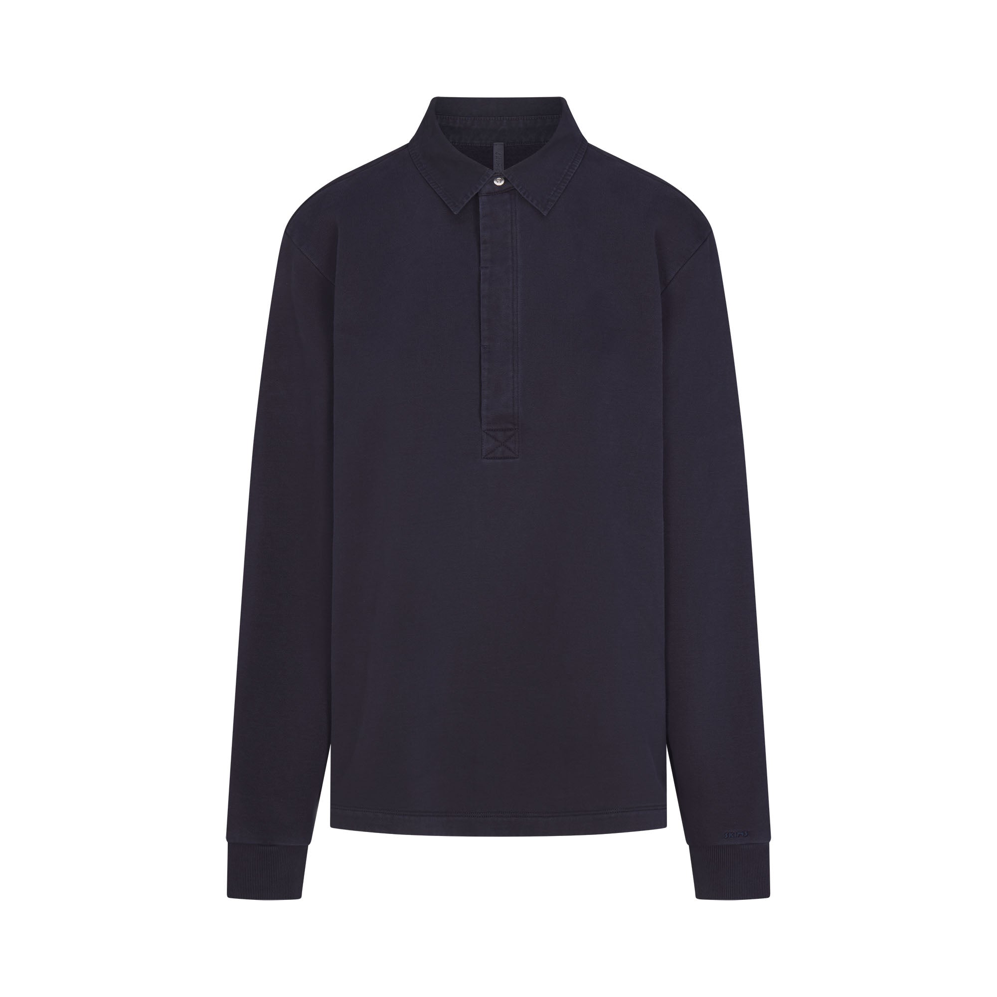 BOYFRIEND FLEECE OVERSIZED POLO  | BLUE BLACK & LAYS FLAT ON A WHITE BACKGROUND | FLT