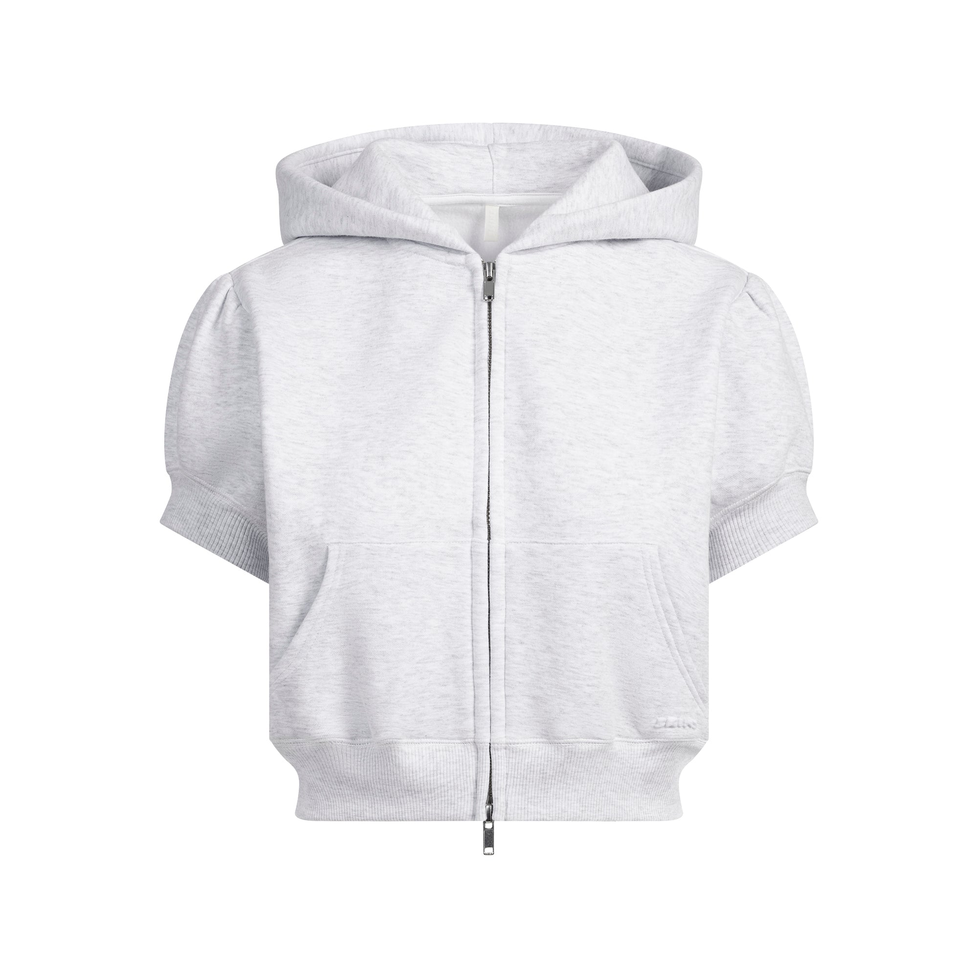 COTTON FLEECE BUBBLE SLEEVE CROPPED ZIP UP | LIGHT HEATHER GREY FLAT ON A WHITE BACKGROUND | FLT