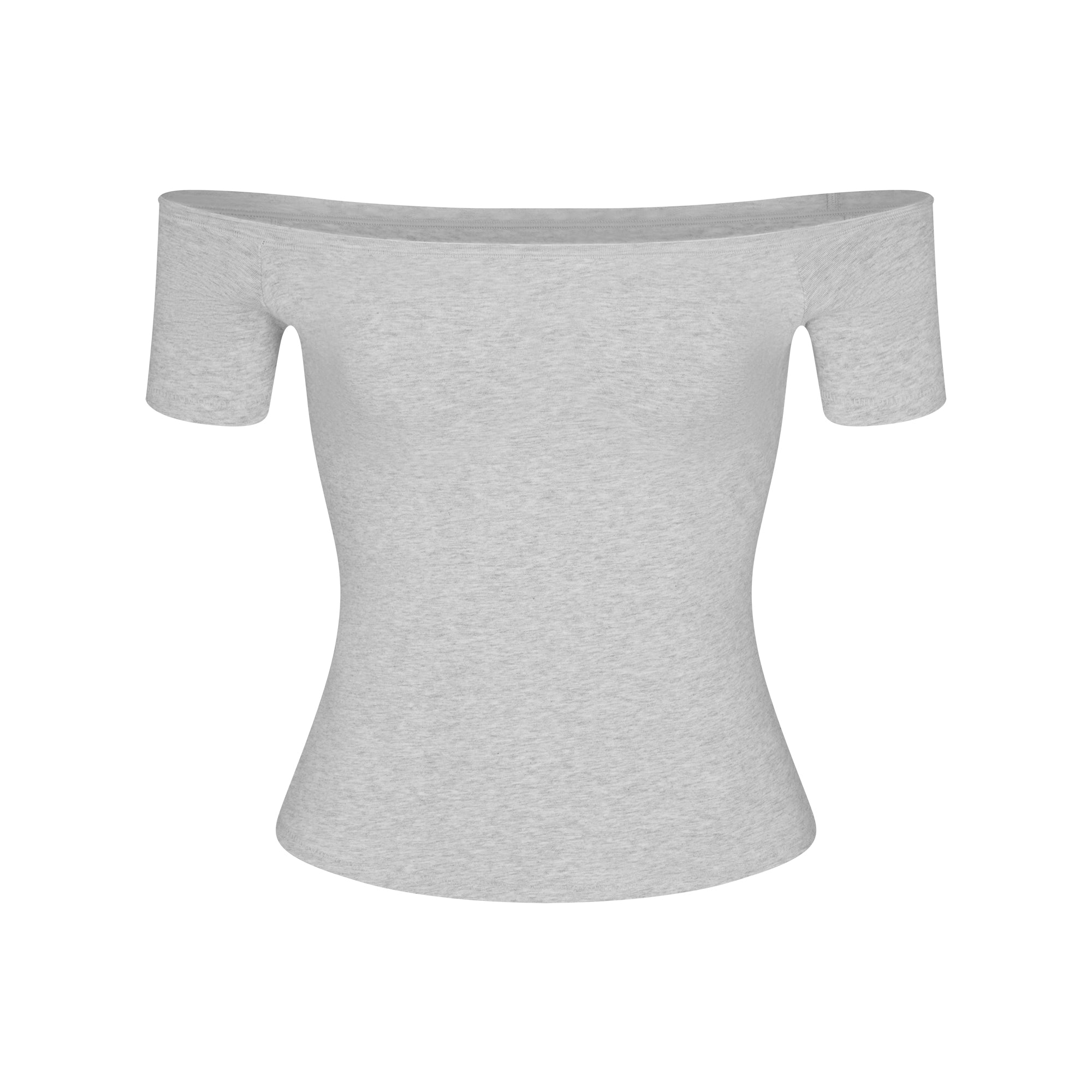 COTTON JERSEY OFF THE SHOULDER TOP | LIGHT HEATHER GREY FLAT ON A WHITE BACKGROUND | FLT