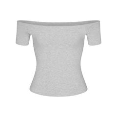 COTTON JERSEY OFF THE SHOULDER TOP | LIGHT HEATHER GREY FLAT ON A WHITE BACKGROUND | FLT