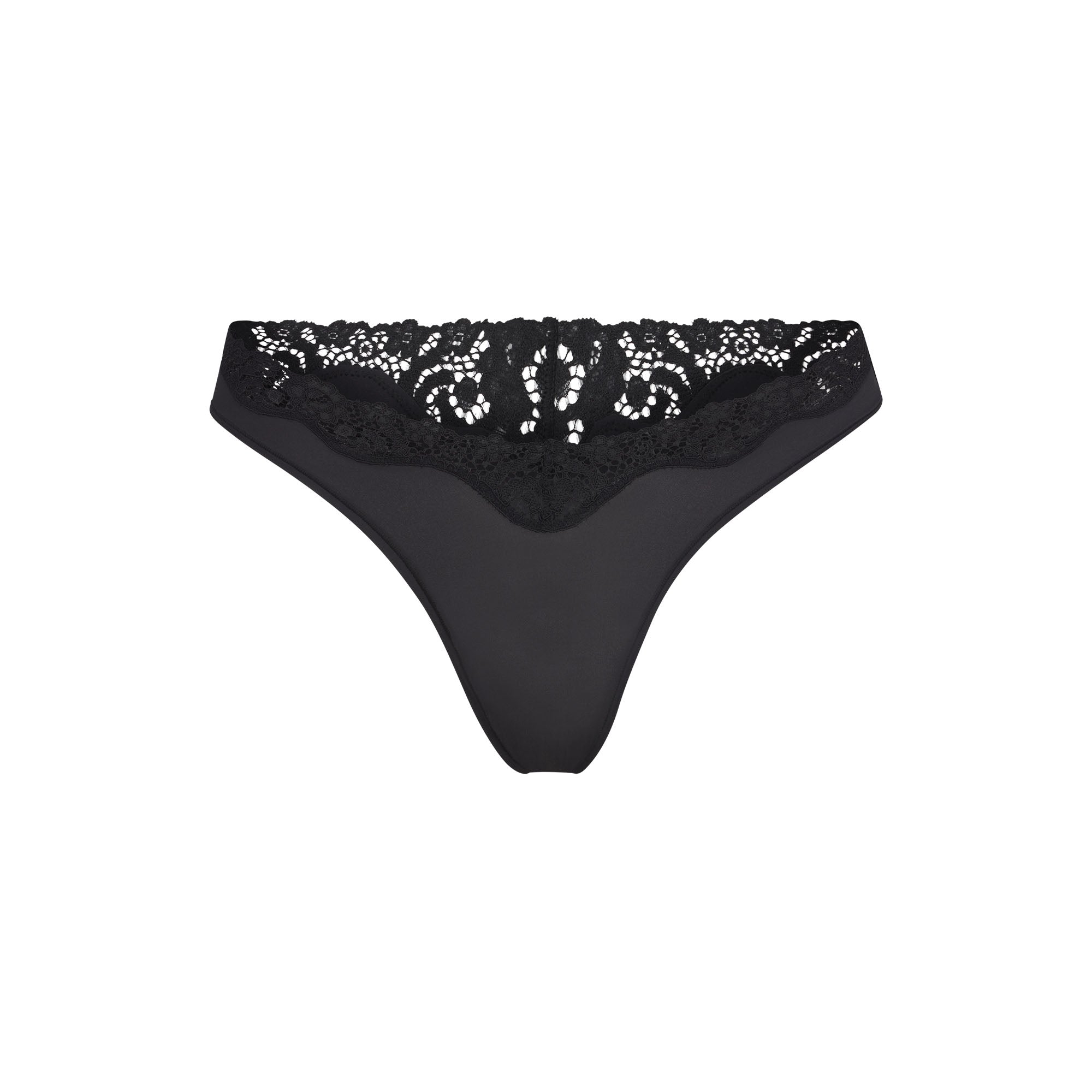 FITS EVERYBODY LACE DIPPED THONG | ONYX (THONGS, PANTIES) LAYS FLAT ON A WHITE BACKGROUND | FLT