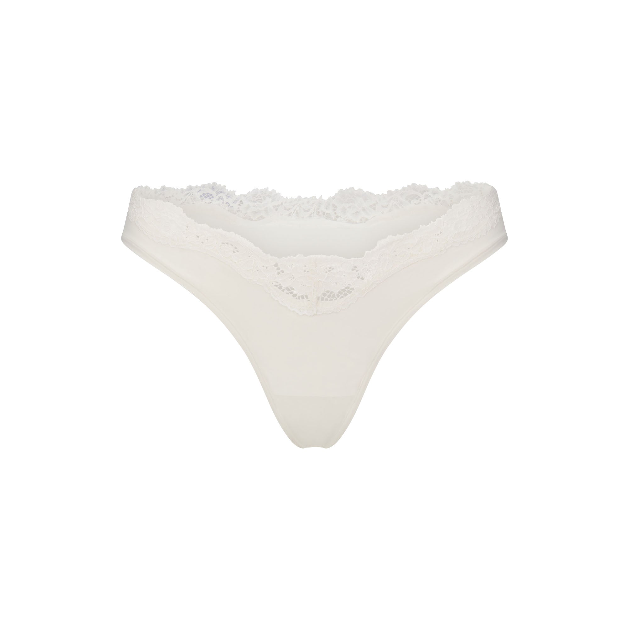 FITS EVERYBODY LACE DIPPED THONG 5-PACK | IVORY PEARL BOW MULTI LAYS FLAT ON A WHITE BACKGROUND
