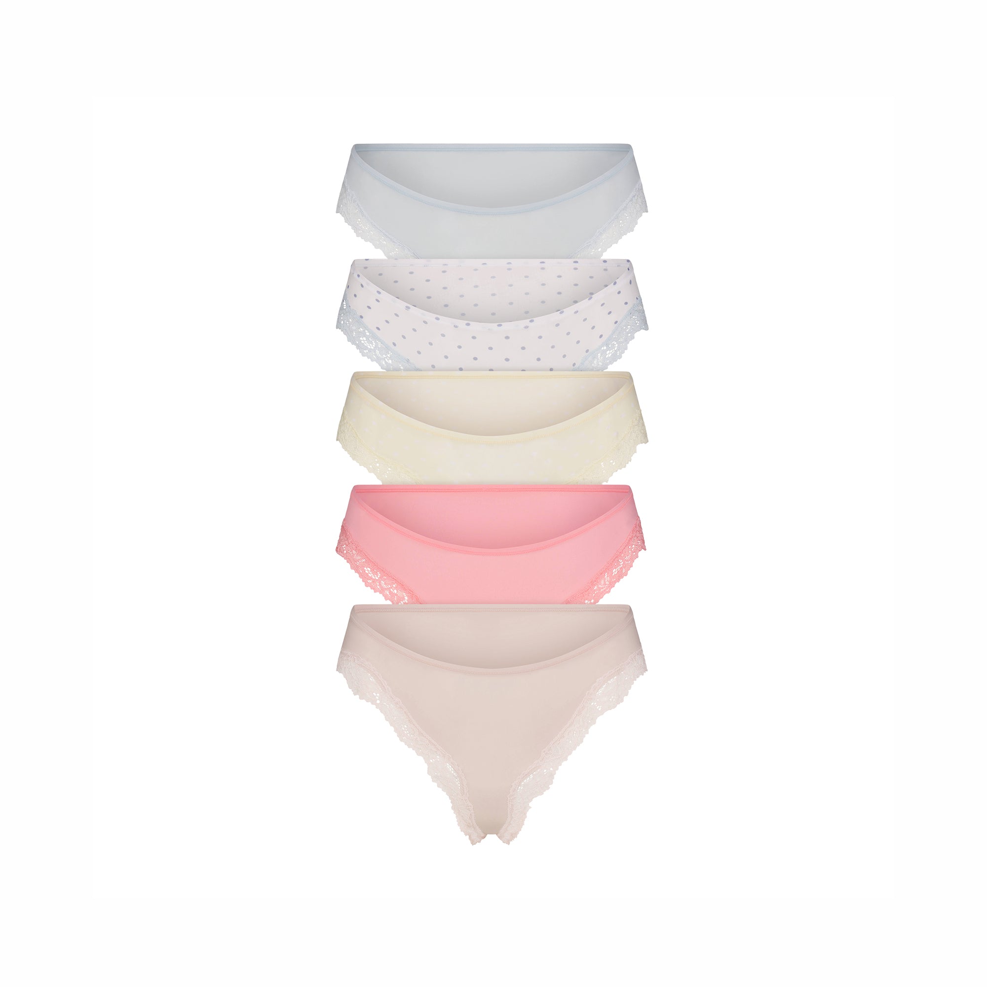 FITS EVERYBODY LACE CHEEKY TANGA 5-PACK | PIN DOT MULTI FLAT ON A WHITE BACKGROUND | FLT @ | FOCUS: 0.0, 1.0, 0.9