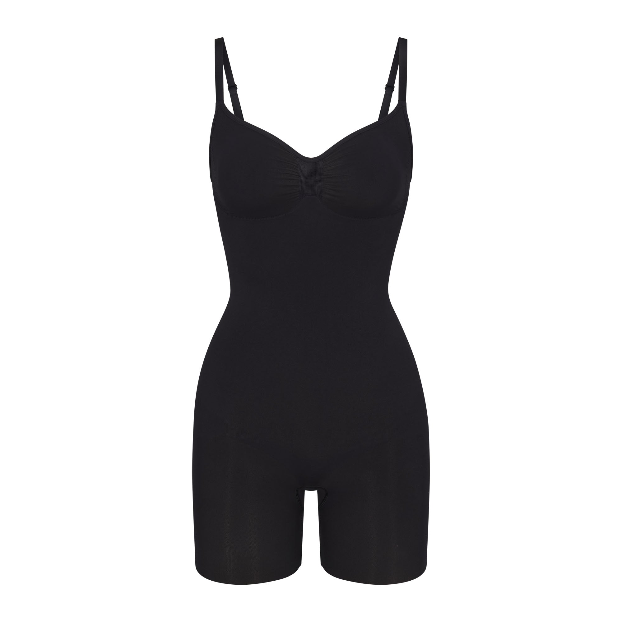 SEAMLESS SCULPT MID THIGH BODYSUIT | ONYX (ONESIES, BODYSUITS) LAYS FLAT ON A WHITE BACKGROUND | FLT