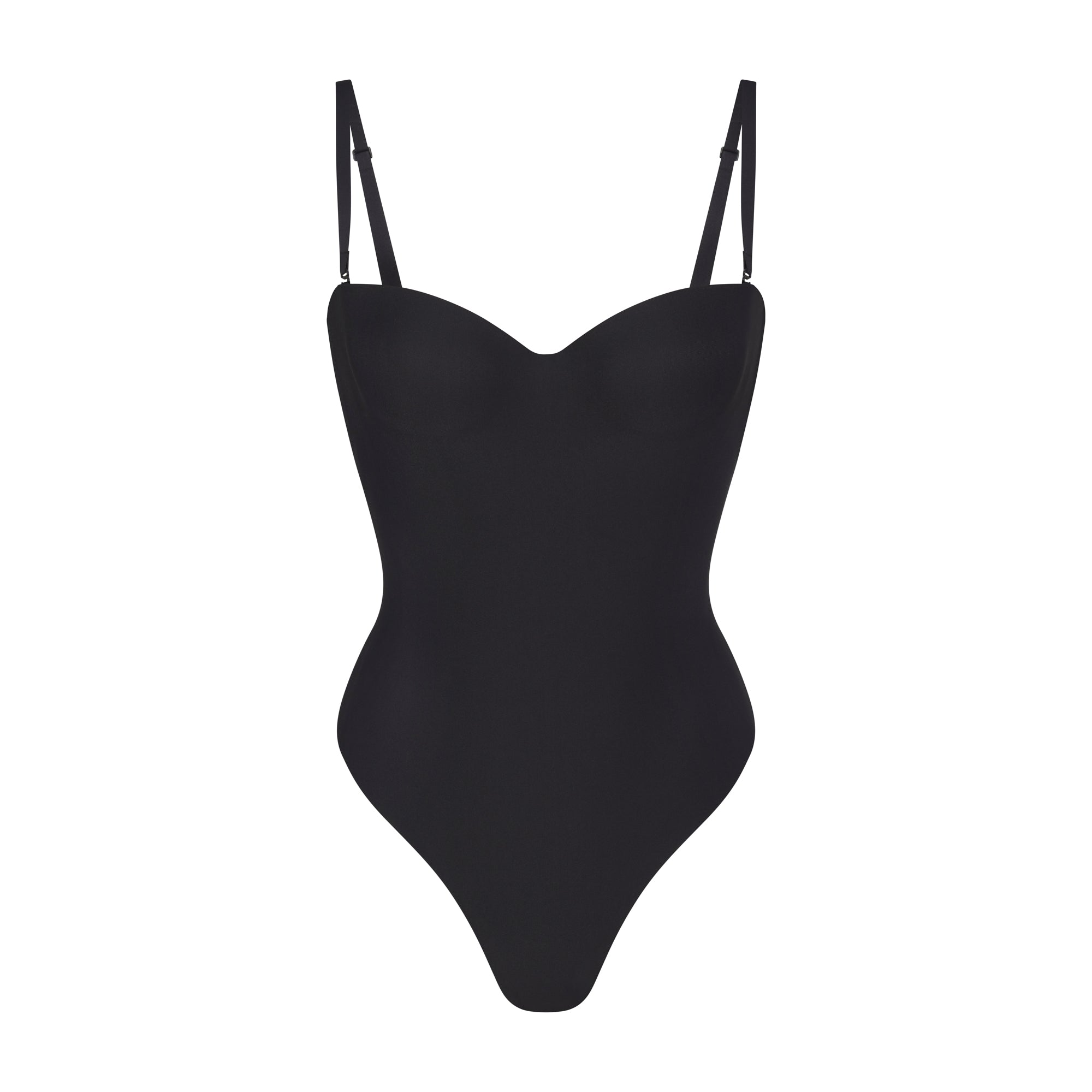 SKIMS BODY UNDERWIRE THONG BODYSUIT | ONYX (SHAPEWEAR BODYSUITS, SHAPEWEAR) LAYS FLAT ON A WHITE BACKGROUND | FLT