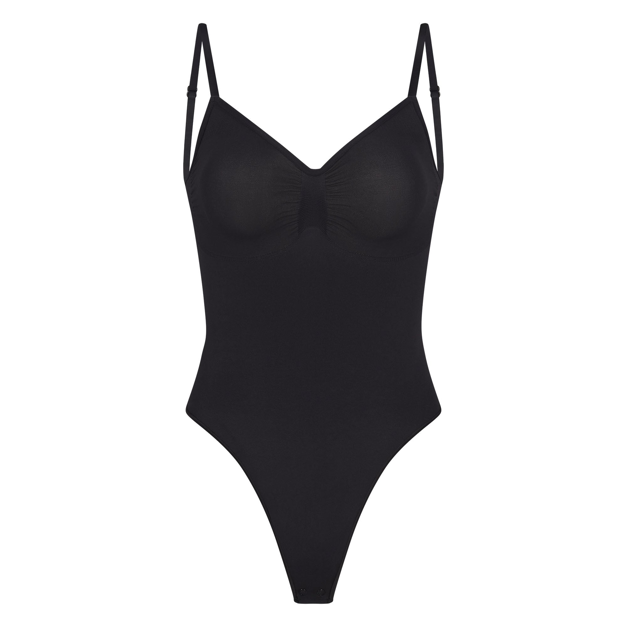 SEAMLESS SCULPT LOW BACK THONG BODYSUIT | ONYX (LOW BACK SHAPEWEAR, BODYSUITS) LAYS FLAT ON A WHITE BACKGROUND | FLT