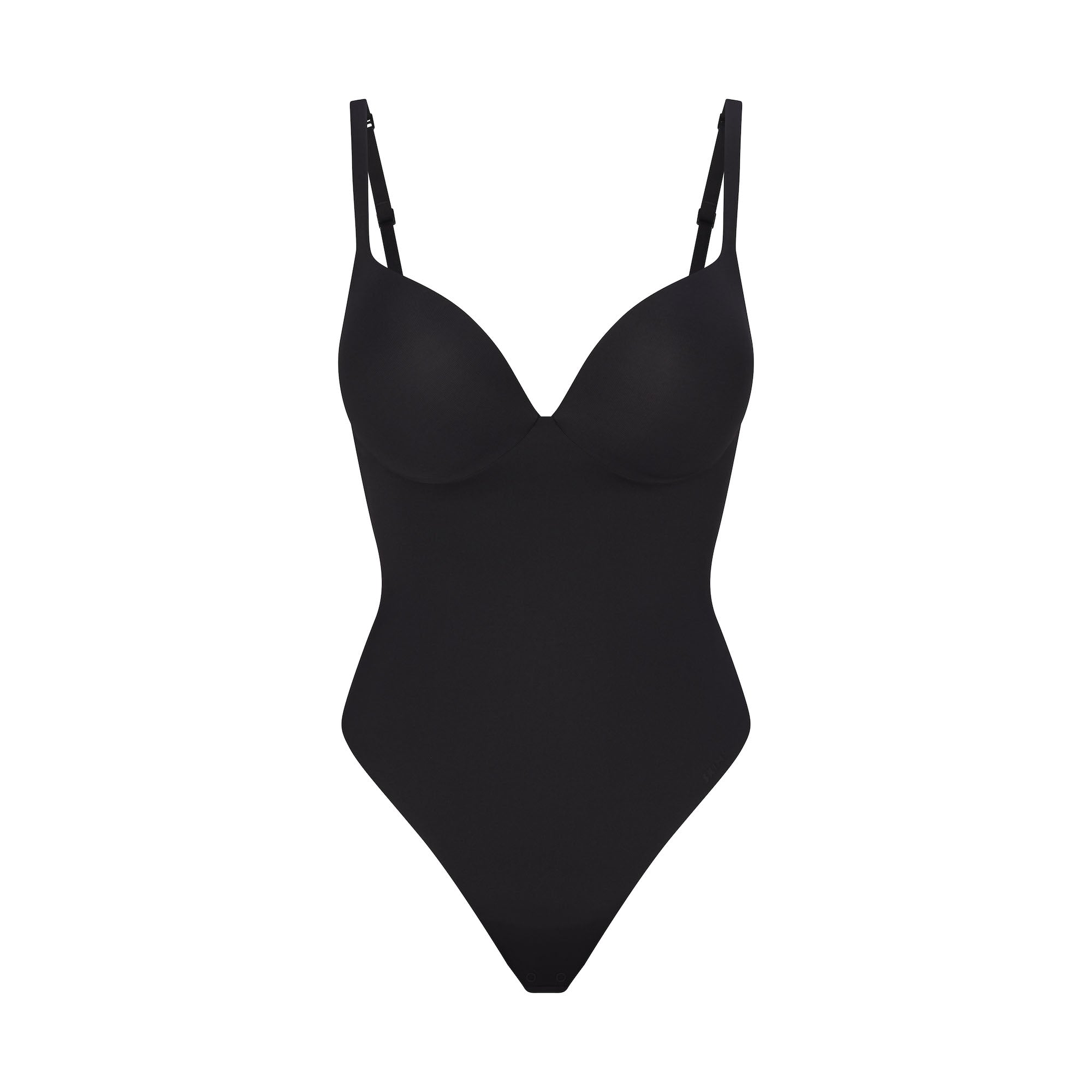 SKIMS ULTIMATE BODY PUSH-UP THONG BODYSUIT | ONYX FLAT ON A WHITE BACKGROUND | FLT | FLT
