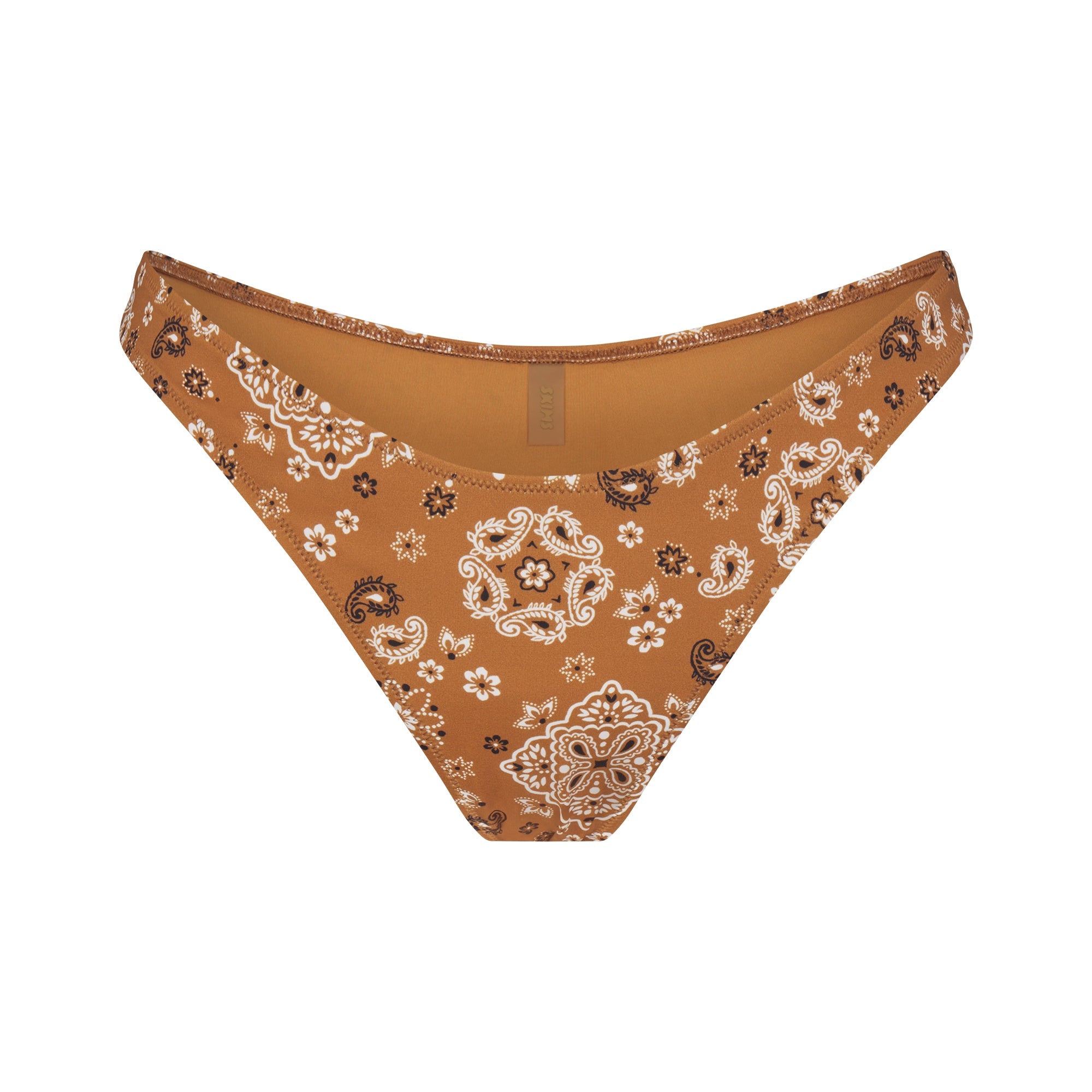 SIGNATURE SWIM TANGA BIKINI BOTTOM | ALMOND BANDANA FLAT ON A WHITE BACKGROUND | FLT