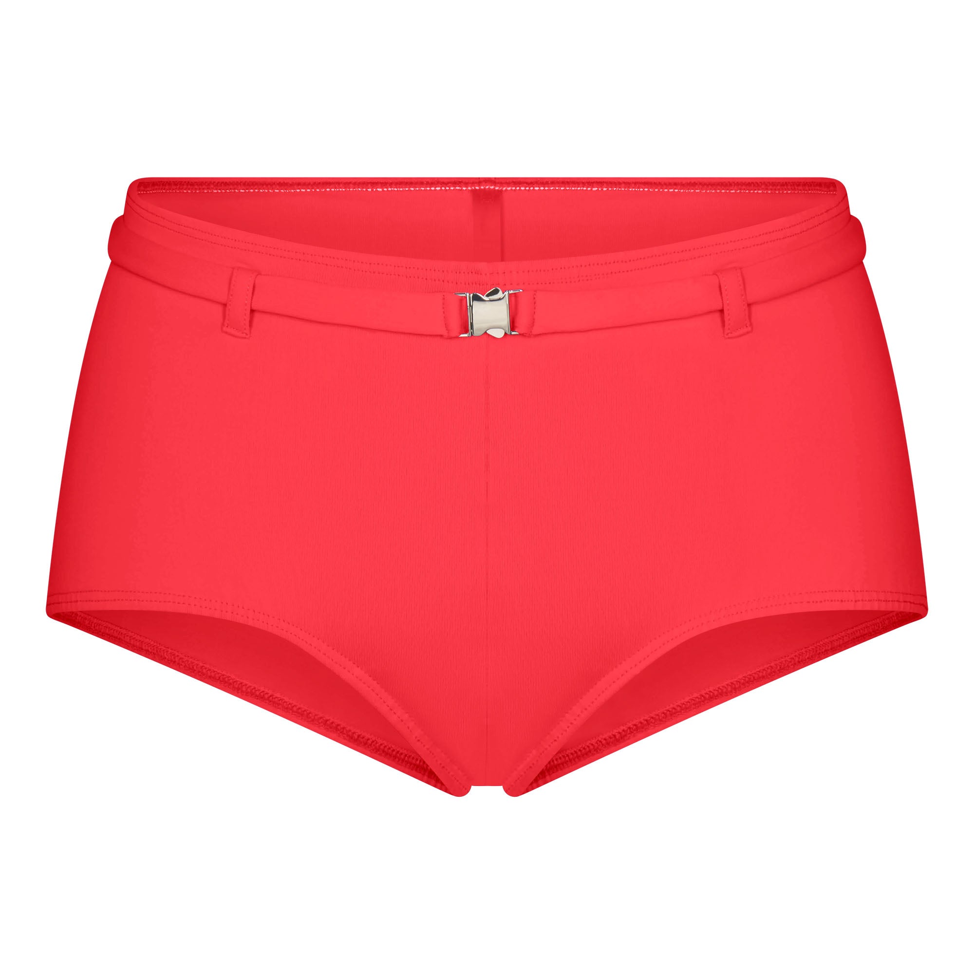 ICONIC SWIM BELTED BOY SHORT BIKINI BOTTOM | CARMINE FLAT ON A WHITE BACKGROUND | FLT