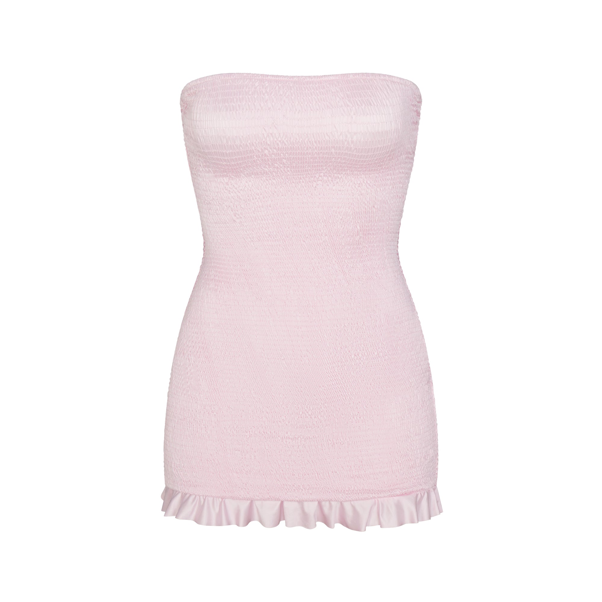 SATIN SWIM RUCHED MINI DRESS | CHERRY BLOSSOM FLAT ON A WHITE BACKGROUND | FLT