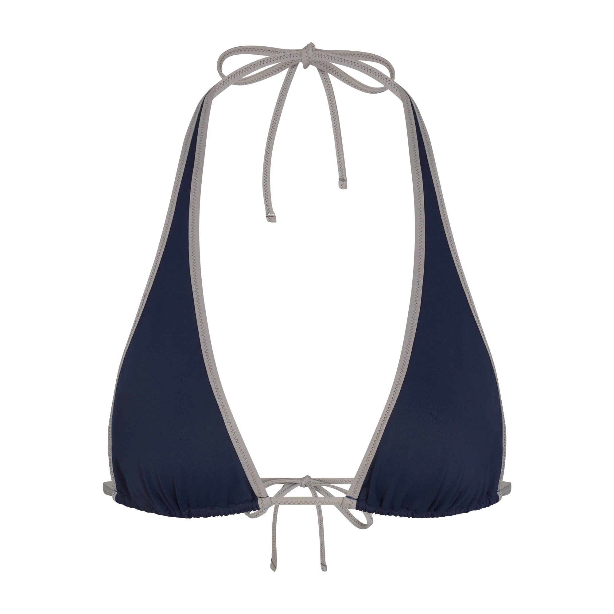 SIGNATURE SWIM HALTER PLUNGE BIKINI TOP | NAVY CONTRAST LAYS FLAT ON A WHITE BACKGROUND | FLT