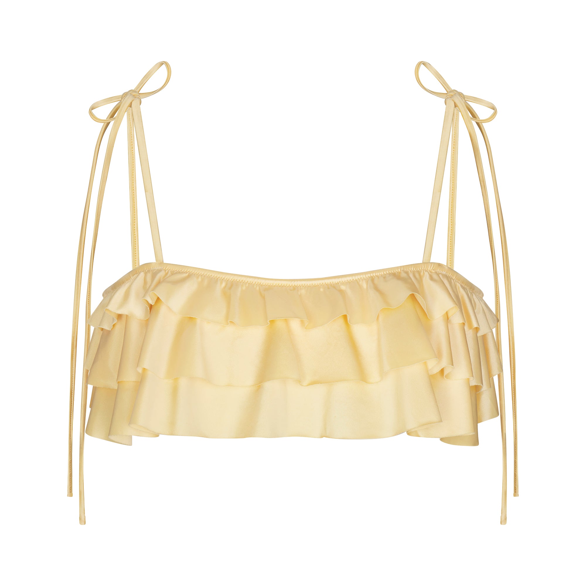 SATIN SWIM RUFFLE BANDEAU BIKINI TOP | MARZIPAN FLAT ON A WHITE BACKGROUND | FLT