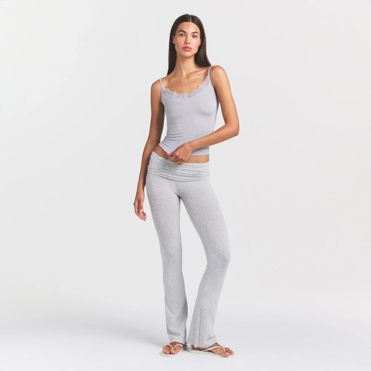 SHEER MODAL LACE CAMI | HEATHER GREY ON A MODEL FRONT VIEW