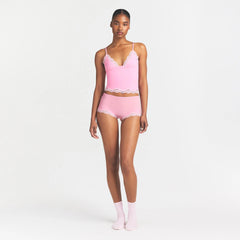FITS EVERYBODY LACE TRIANGLE CAMI AND BOY SHORT SET | BUBBLE GUM TONAL ON A MODEL FRONT VIEW @ | FOCUS: 0.0, 1.0, 0.9