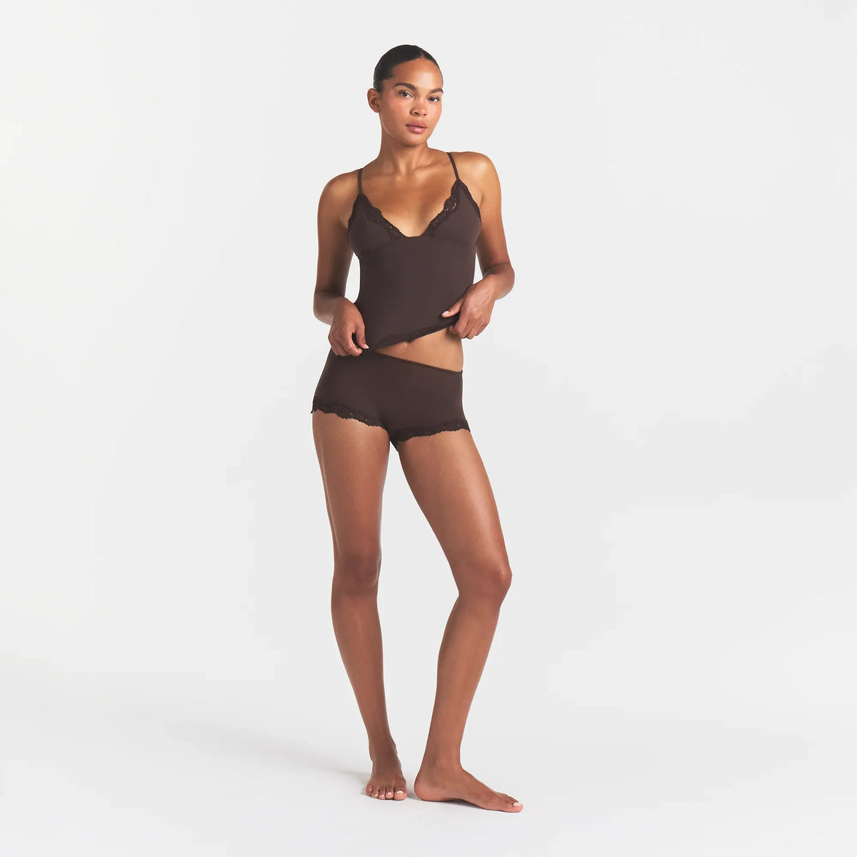 FITS EVERYBODY LACE TRIANGLE CAMI AND BOY SHORT SET | ESPRESSO ON A MODEL FRONT VIEW | FOCUS: 0.0, 1.0, 0.9