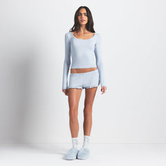 SKIMS SLEEP SCOOP NECK SLEEP SET | ZEN BLUE ON A MODEL FRONT VIEW @ | FOCUS: 0.0, 1.0, 0.9