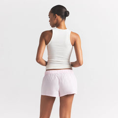 COTTON POPLIN BOXER SLEEP SET | CHERRY BLOSSOM STRIPE ON A MODEL BACK VIEW @ | FOCUS: 0.0, 1.0, 0.9