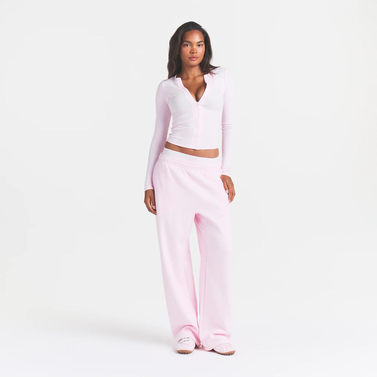 COTTON RIB ZIP UP TOP | CHERRY BLOSSOM ON A MODEL FRONT VIEW @ | FOCUS: 0.0, 1.0, 0.9