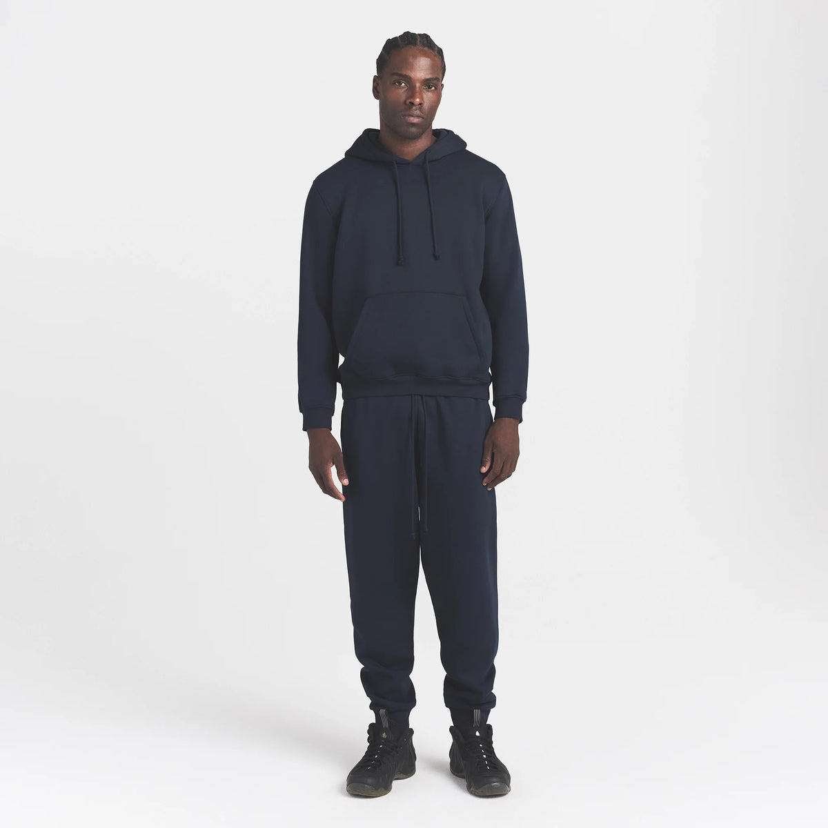 FLEECE LOUNGE MENS CLASSIC HOODIE | NAVY ON A MODEL FRONT VIEW @ | FOCUS: 0.0, 1.0, 0.9