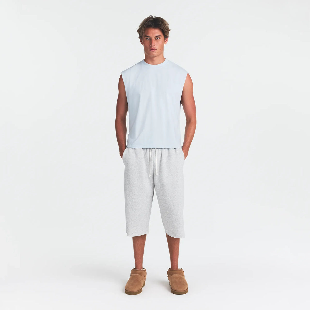 HEAVYWEIGHT COTTON MENS CROPPED TANK | ATMOSPHERE ON A MODEL FRONT VIEW @ | FOCUS: 0.0, 1.0, 0.9