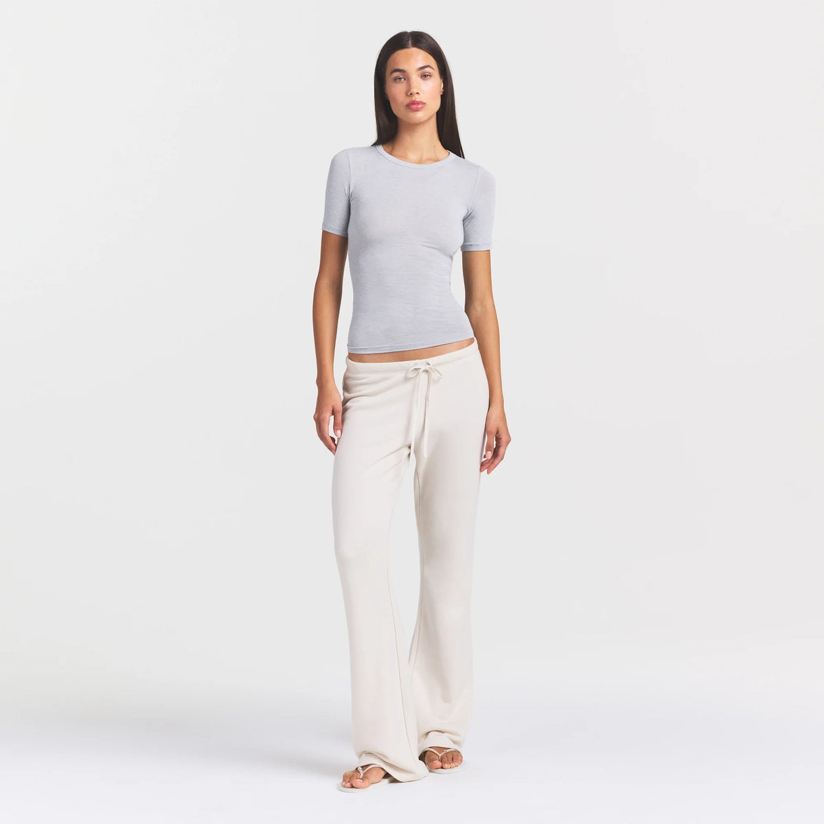 SHEER MODAL LONG T-SHIRT | HEATHER GREY ON A MODEL FRONT VIEW
