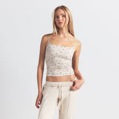 COTTON JERSEY CAMI | OATMEAL HEATHER HOLLY PRINT ON A MODEL SIDE VIEW @ | FOCUS: 0.0, 1.0, 0.9