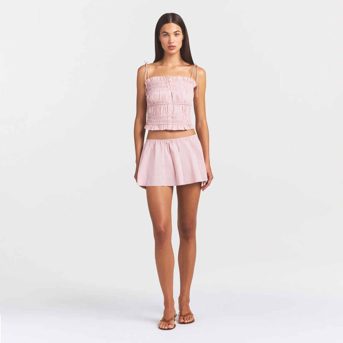 COTTON POPLIN RUFFLE CAMI | DUSTY PINK ON A MODEL FRONT VIEW @ | FOCUS: 0.0, 1.0, 0.9