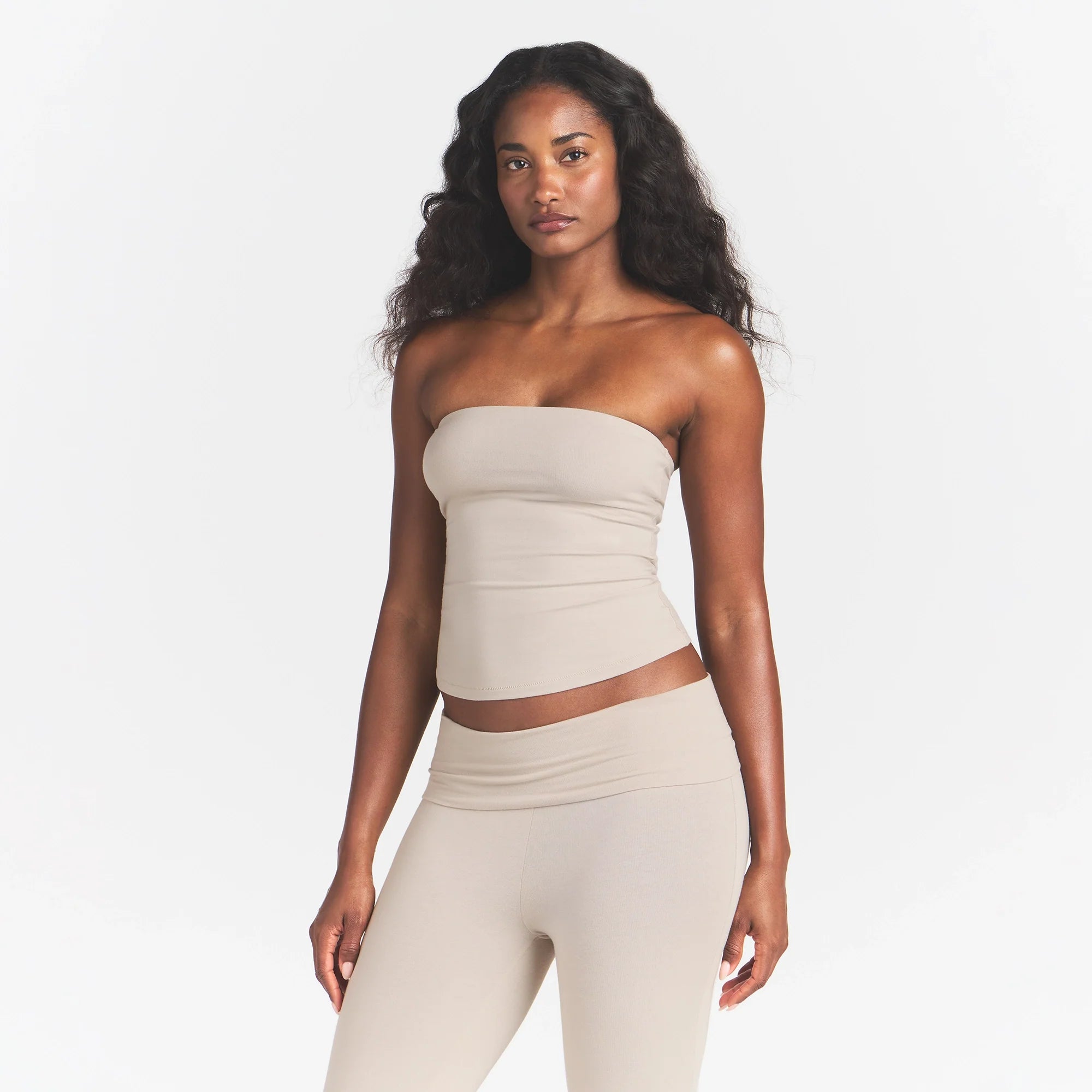 COTTON JERSEY TUBE TOP | STONE ON A MODEL FRONT VIEW @ | FOCUS: 0.0, 1.0, 0.9