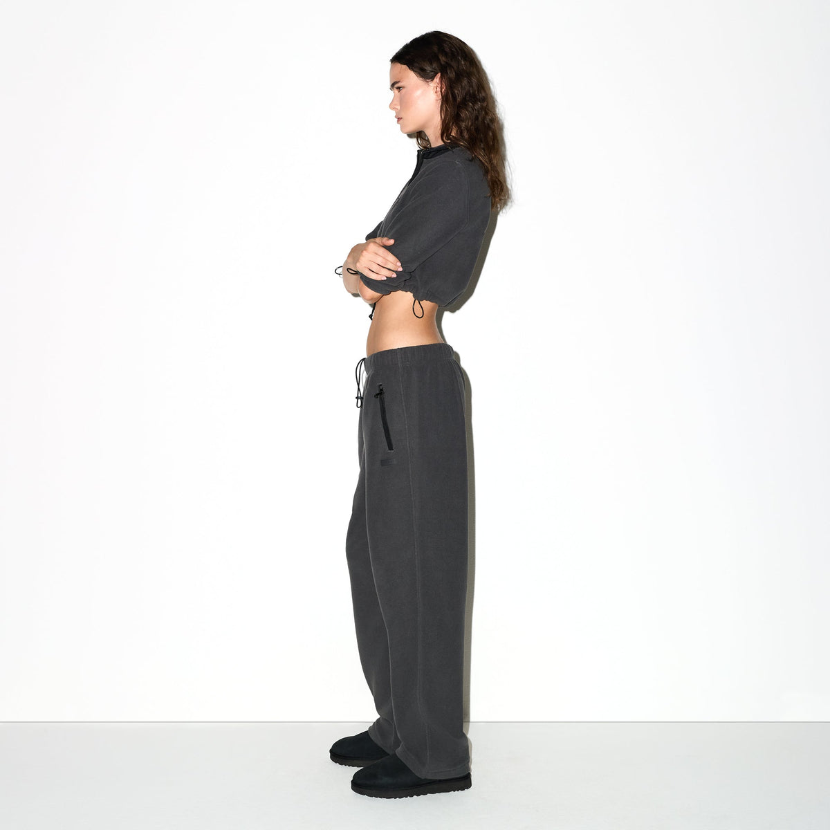 OUTDOOR FLEECE STRAIGHT LEG PANT | ASH ON A MODEL FRONT VIEW @ | FOCUS: 0.0, 1.0, 0.9