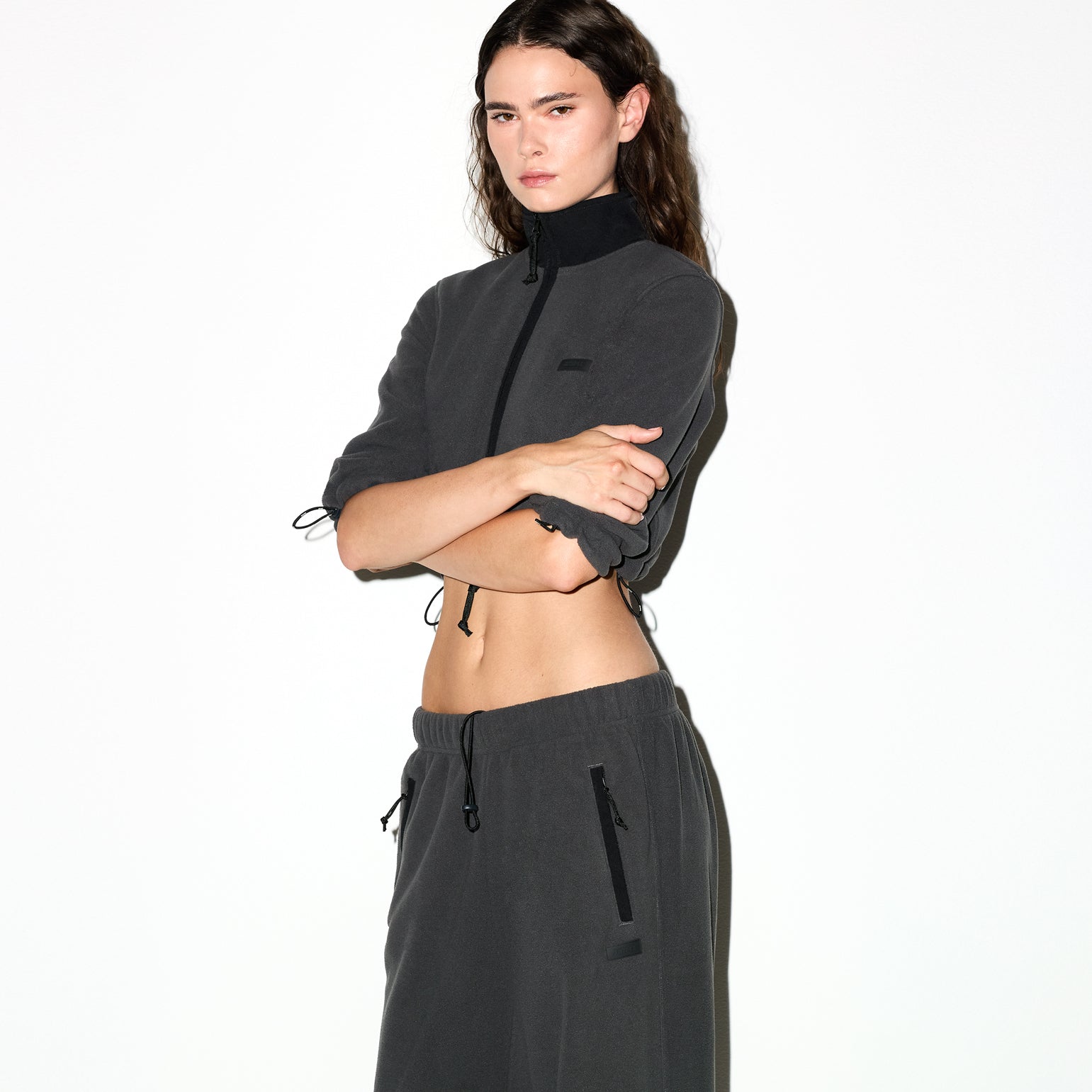 OUTDOOR FLEECE STRAIGHT LEG PANT | ASH ON A MODEL SIDE VIEW @ | FOCUS: 0.0, 1.0, 0.9